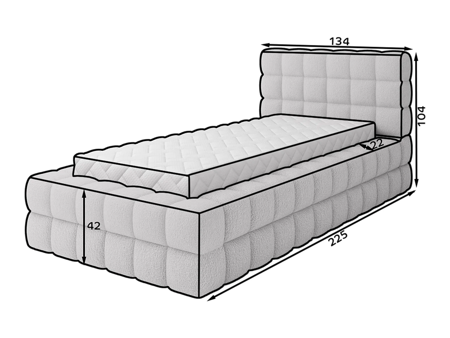 Bett Dario XS (90x200)/Stoffbezug/Bettkasten/Bouclé/Beige