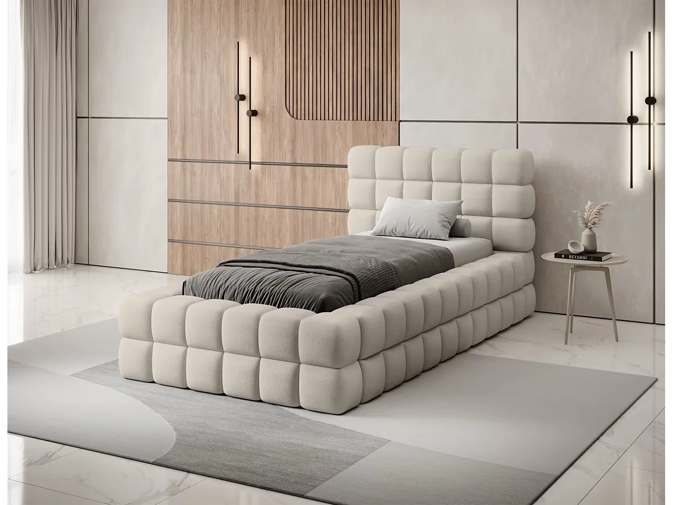 Bett Dario XS (90x200)/Stoffbezug/Bettkasten/Bouclé/Beige