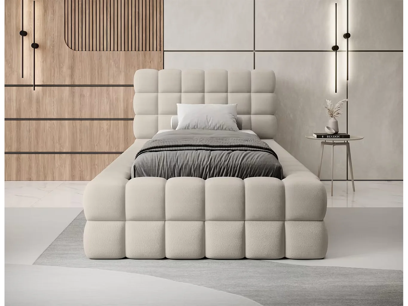 Bett Dario XS (90x200)/Stoffbezug/Bettkasten/Bouclé/Beige