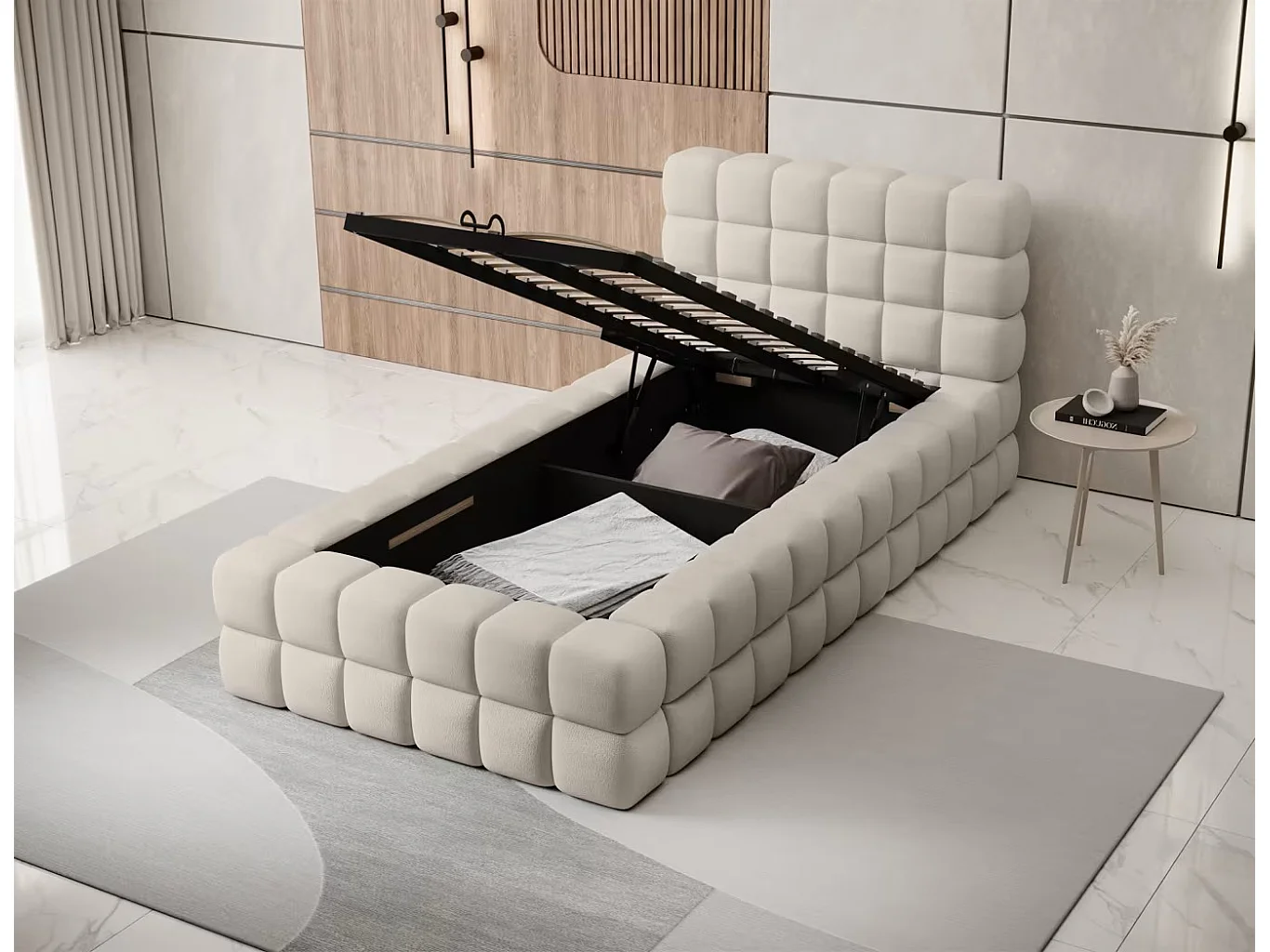 Bett Dario XS (90x200)/Stoffbezug/Bettkasten/Bouclé/Beige