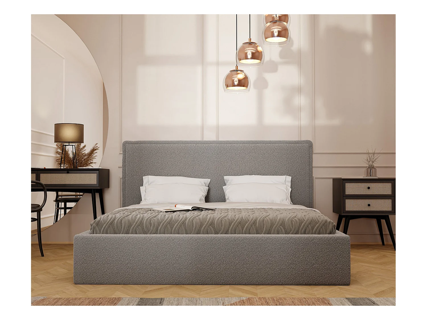 Lit tapissé COFY avec coffre de rangement pour la literie | 180x200 Gris