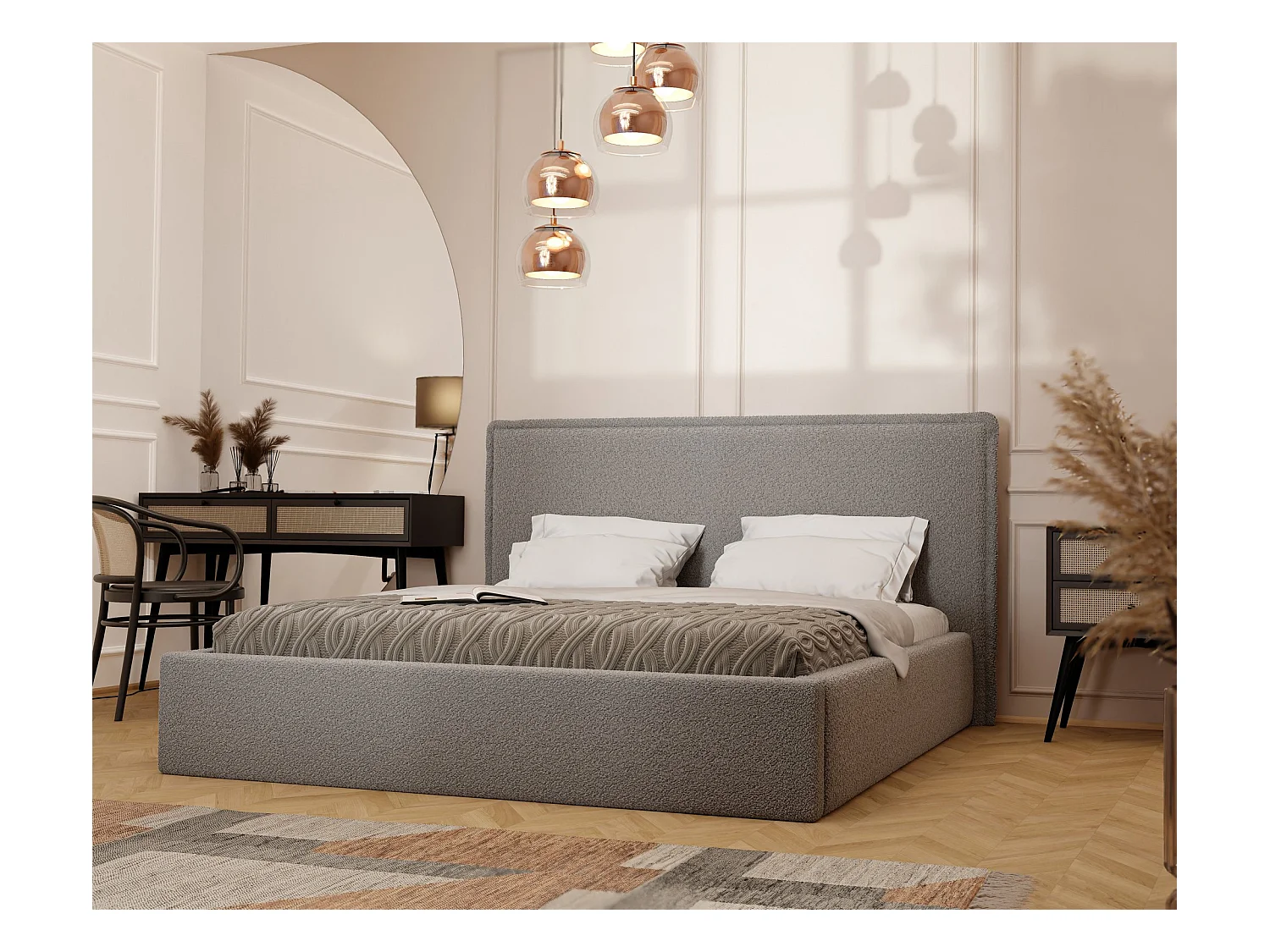 Lit tapissé COFY avec coffre de rangement pour la literie | 180x200 Gris