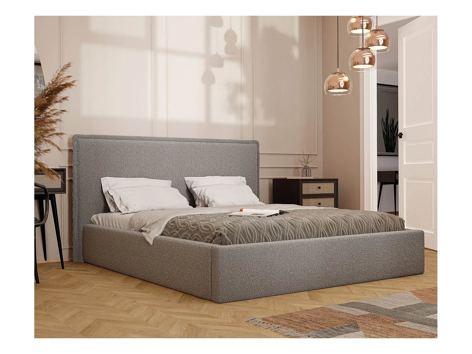 Lit tapissé COFY avec coffre de rangement pour la literie | 160x200 Gris