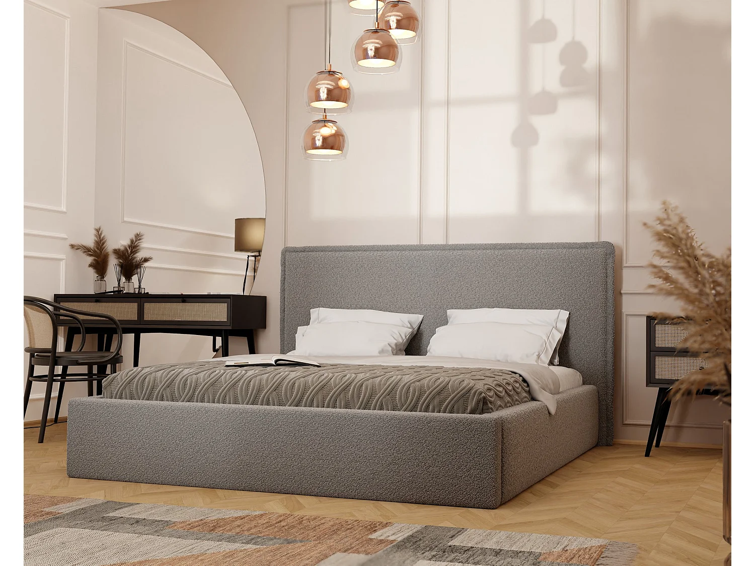 Lit tapissé COFY avec coffre de rangement pour la literie | 160x200 Gris