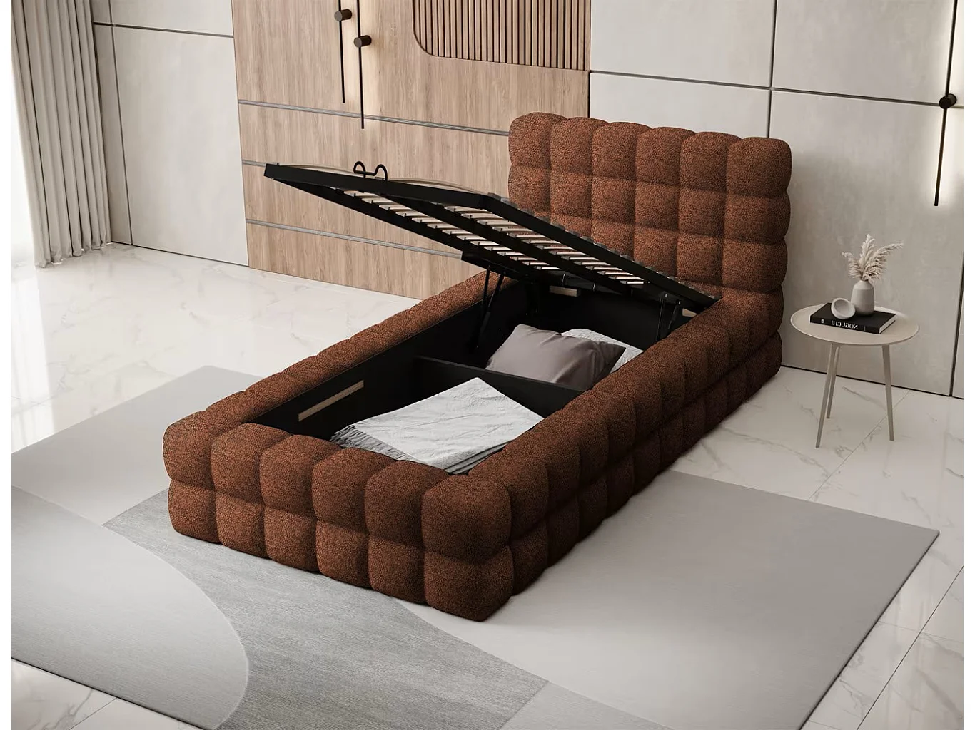 Bett Dario XS (90x200)/Stoffbezug/Bettkasten/Braun