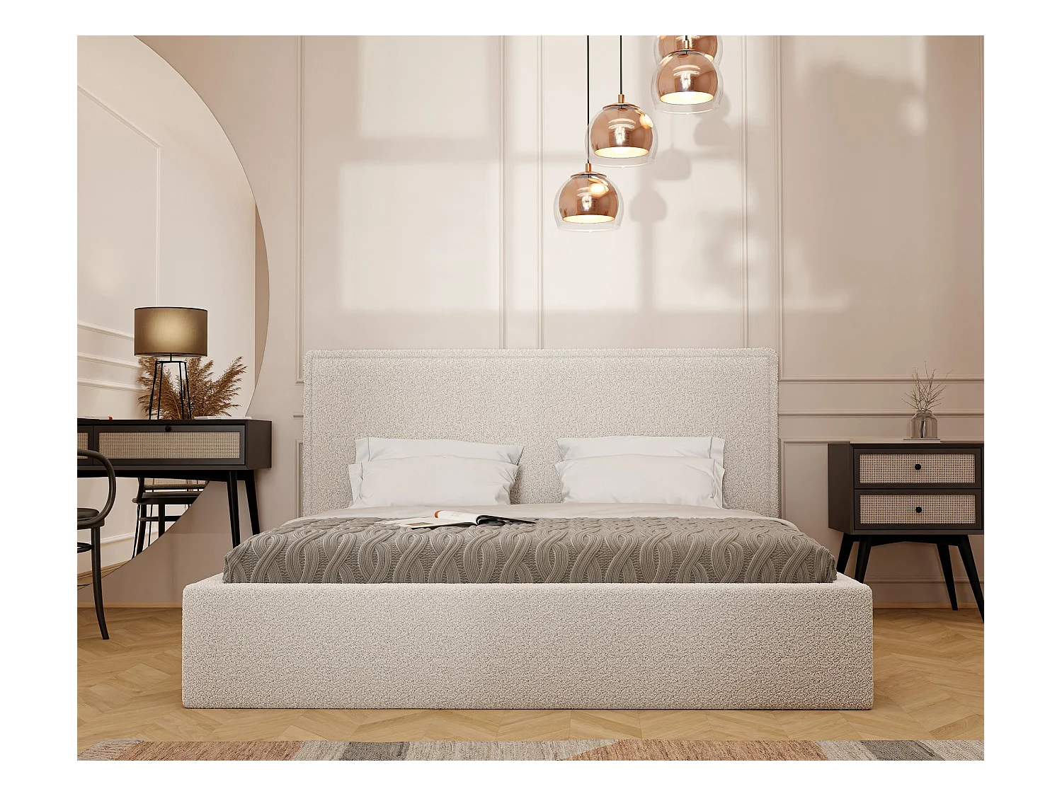 Lit tapissé COFY avec coffre de rangement pour la literie | 160x200 Crème