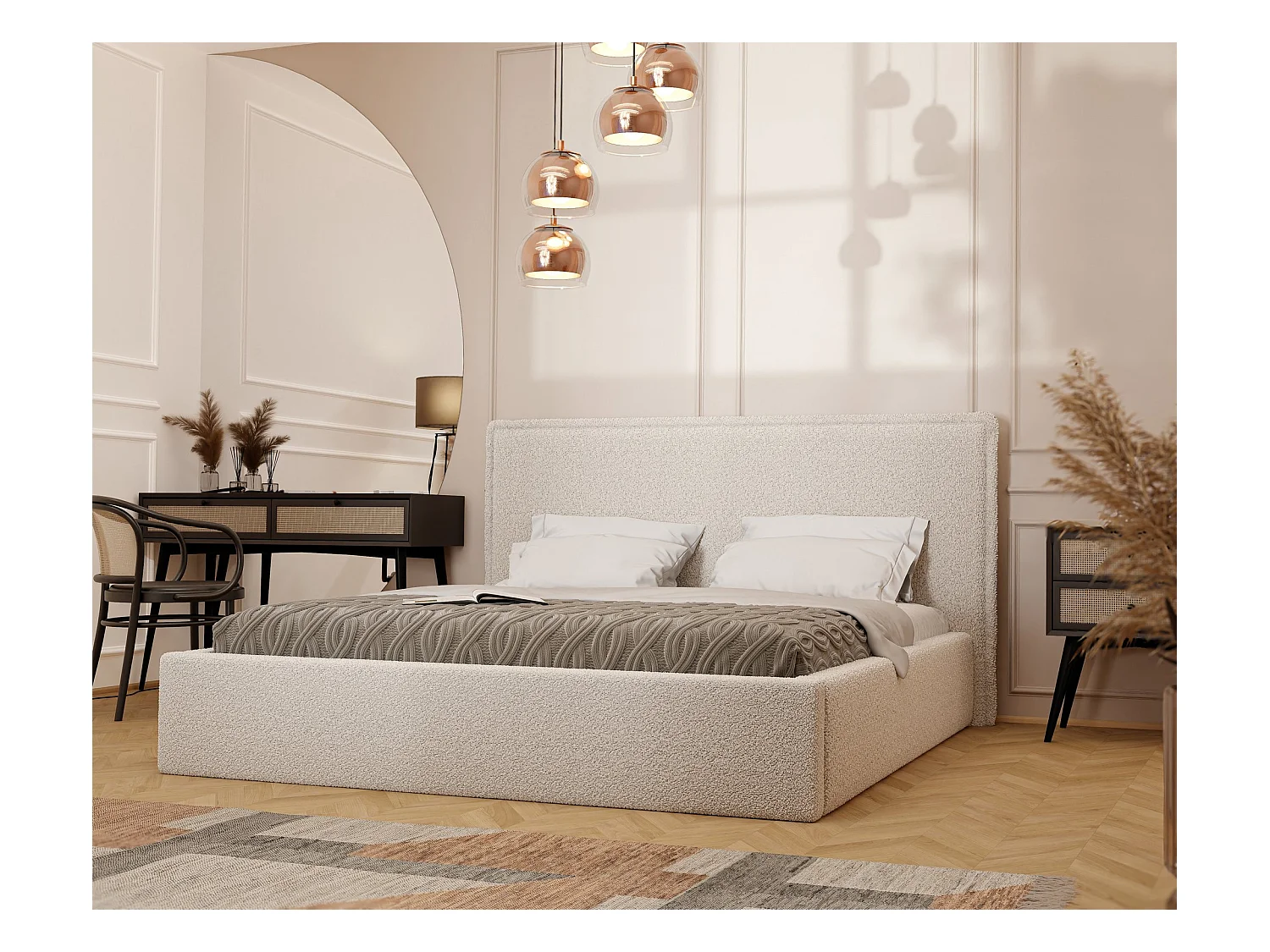 Lit tapissé COFY avec coffre de rangement pour la literie | 160x200 Crème