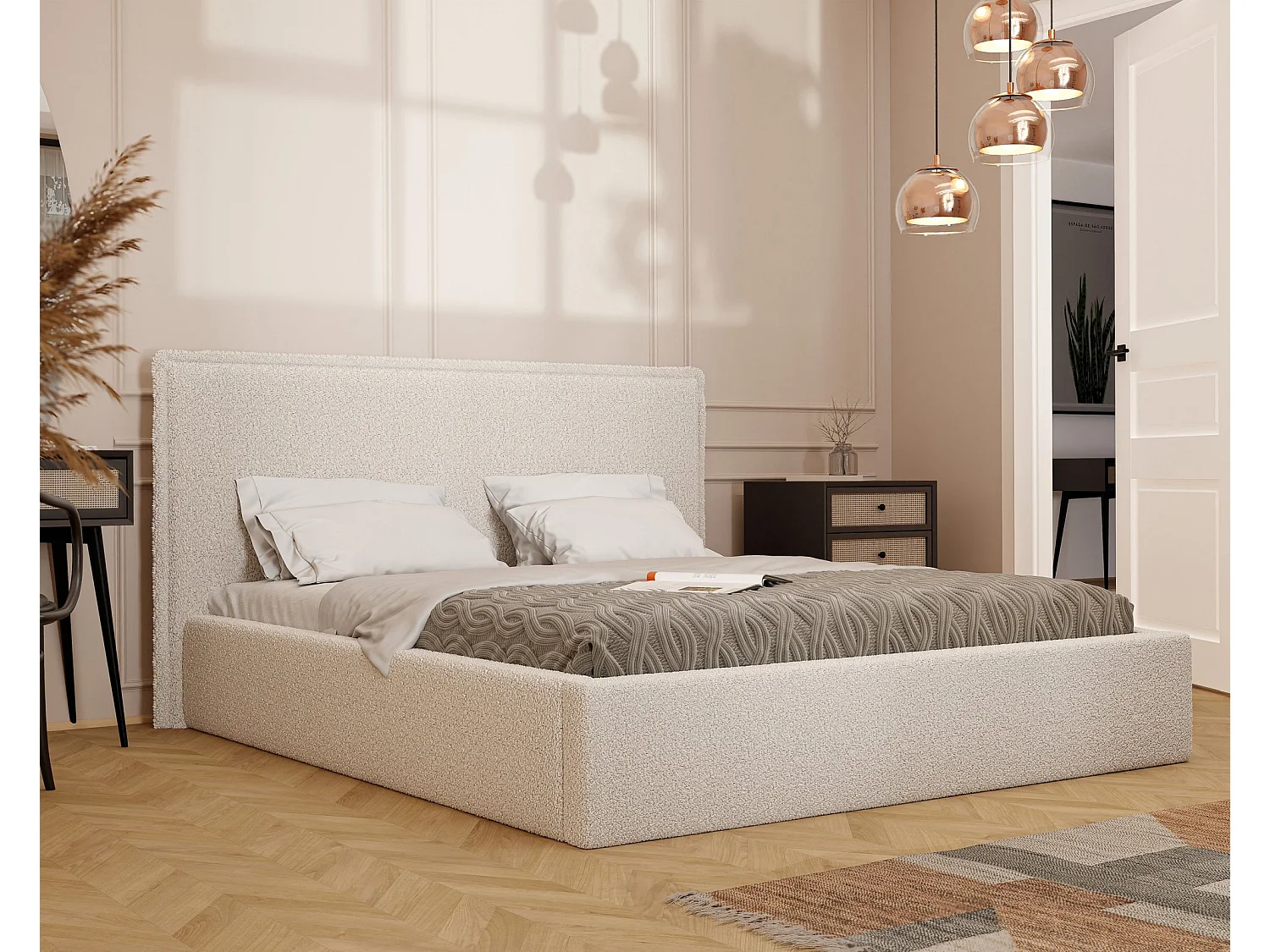 Lit tapissé COFY avec coffre de rangement pour la literie | 160x200 Crème