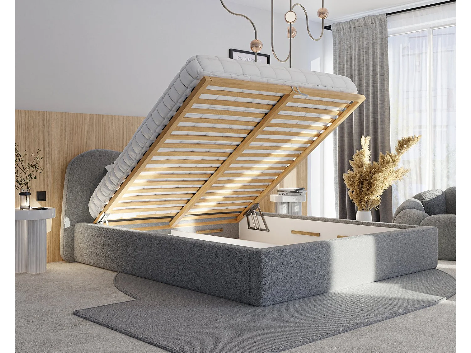 Lit tapissé COZY avec coffre de rangement pour la literie | 160x200 Gris