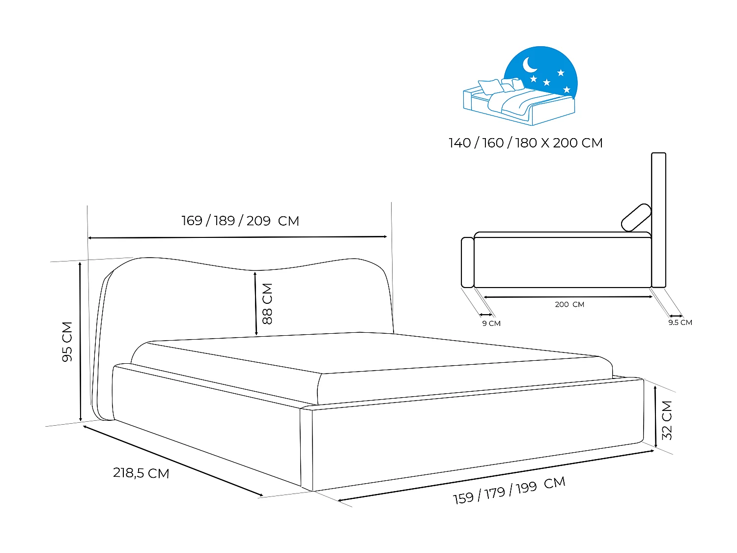 Lit tapissé COZY avec coffre de rangement pour la literie | 160x200 Gris