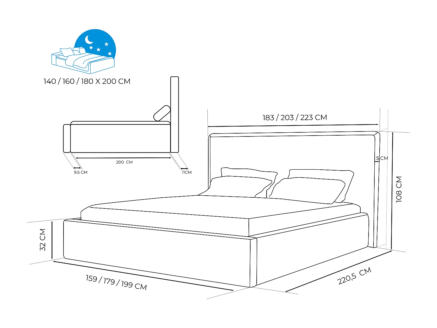 Lit tapissé COFY avec coffre de rangement pour la literie | 140x200 Gris anthracite