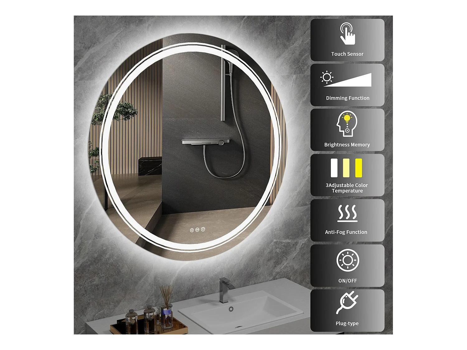 Specchio Dover/LED/Touch/Vetro a specchio/Bianco