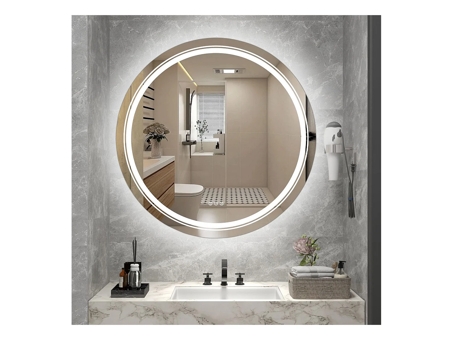 Spiegel Dover/o60/LED/Touch/Spiegelglas/Weiss