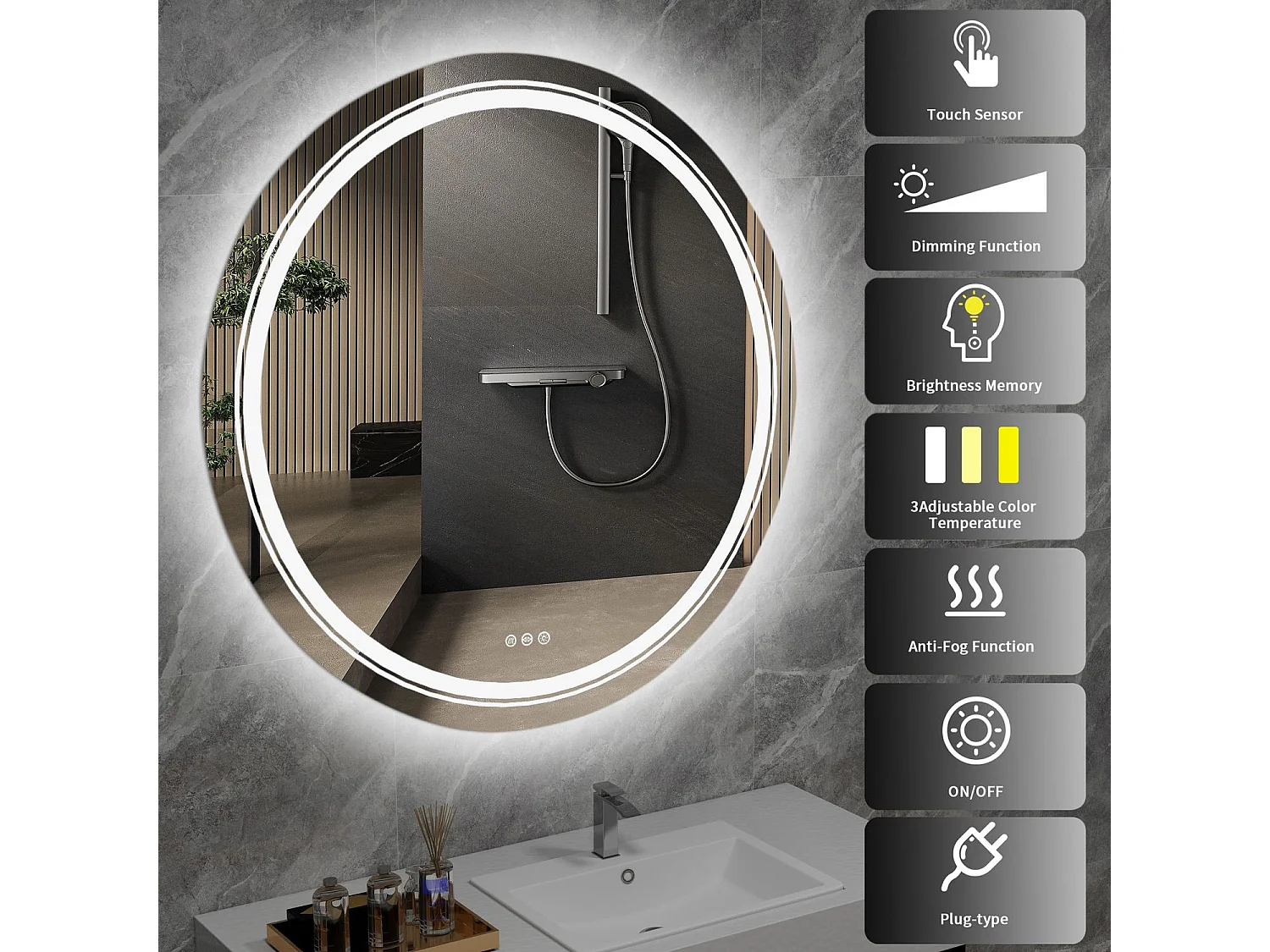 Specchio Dover/o60/LED/Touch/Vetro a specchio/Bianco