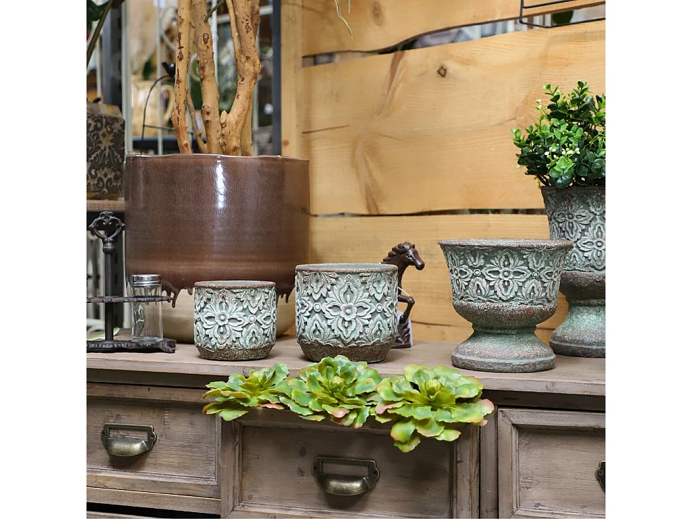 Cache-pot rond en ciment vieilli vert/rose Ø.14 x Ht.13 cm