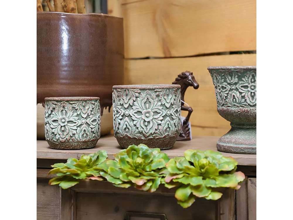 Cache-pot rond en ciment vieilli vert/rose Ø.14 x Ht.13 cm