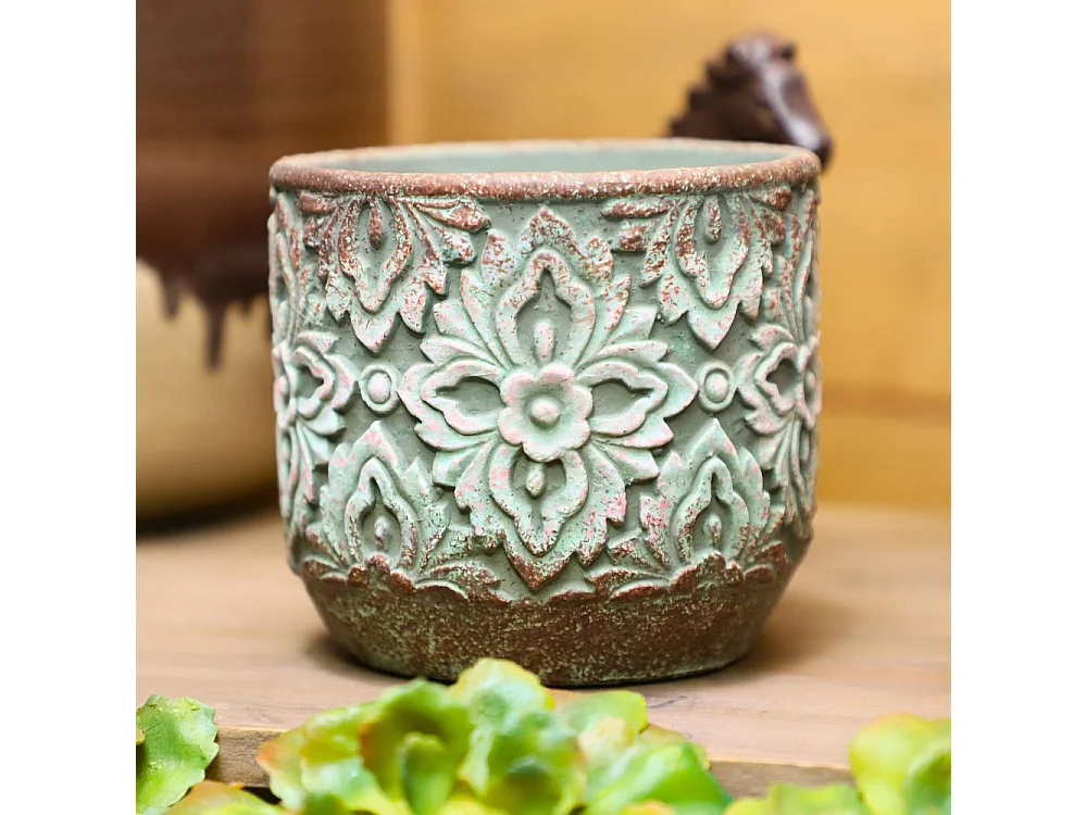 Cache-pot rond en ciment vieilli vert/rose Ø.14 x Ht.13 cm