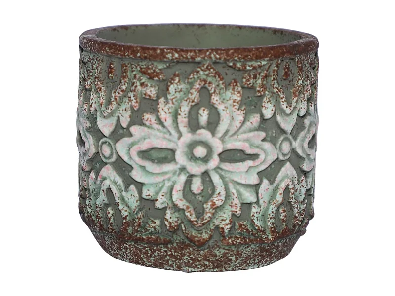 Cache-pot rond en ciment vieilli vert/rose Ø.14 x Ht.13 cm