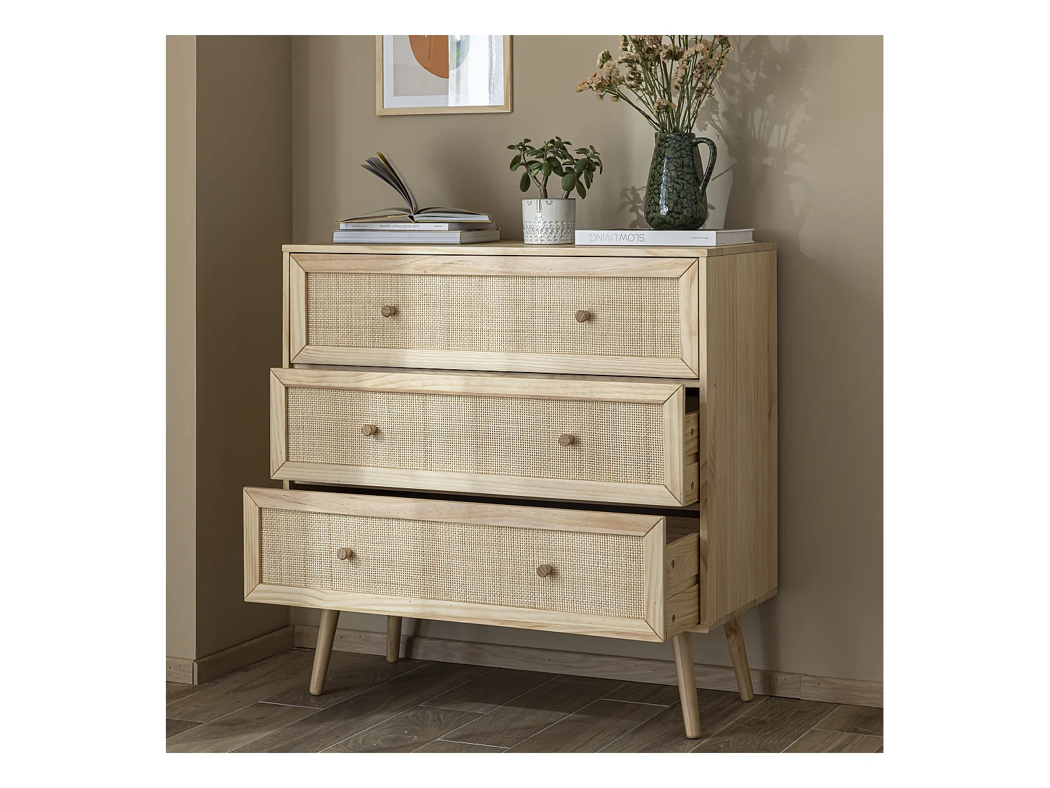 Commode cannage avec 3 tiroirs bois naturel ANNA - ANNA