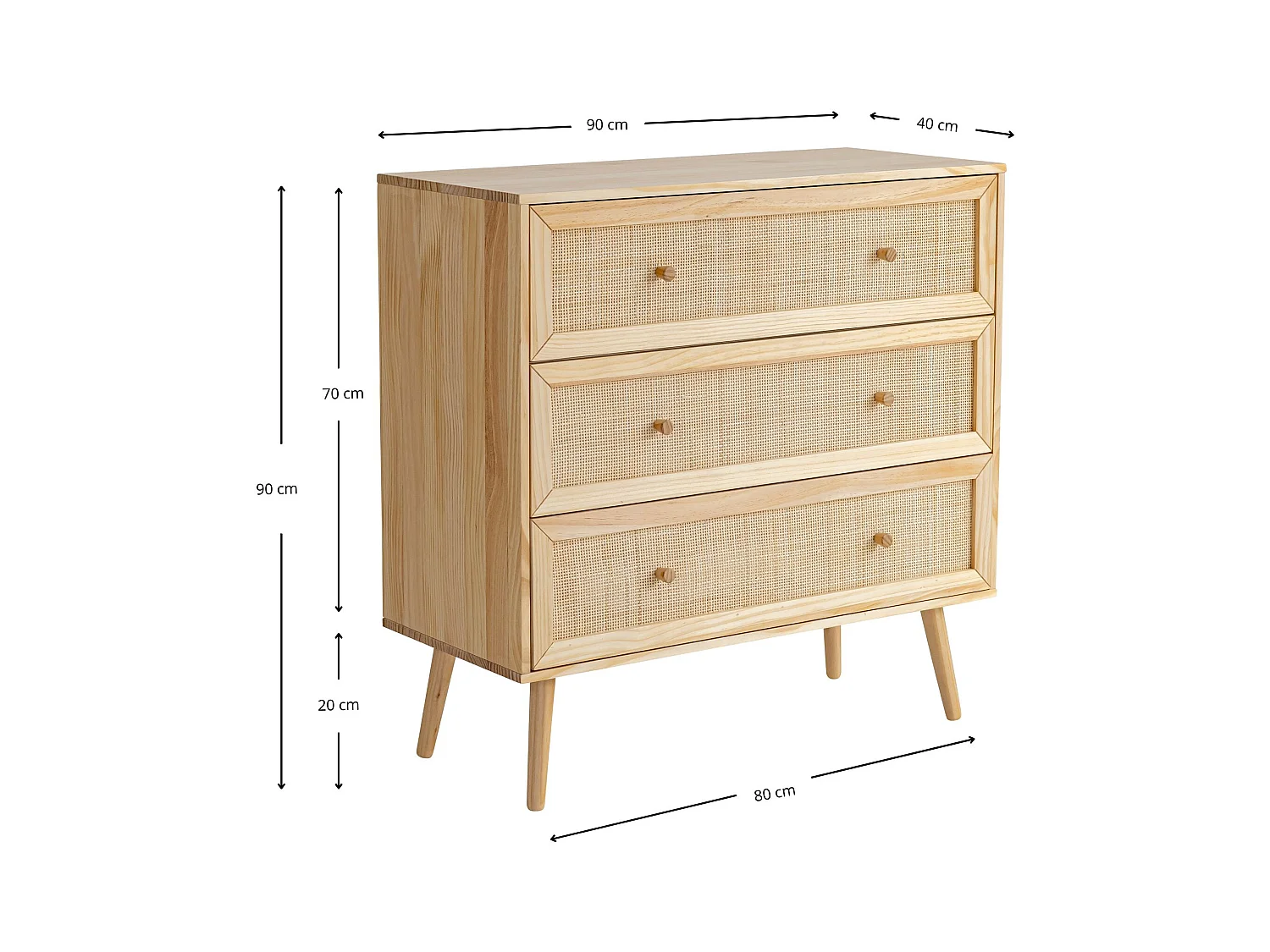 Commode cannage avec 3 tiroirs bois naturel ANNA - ANNA