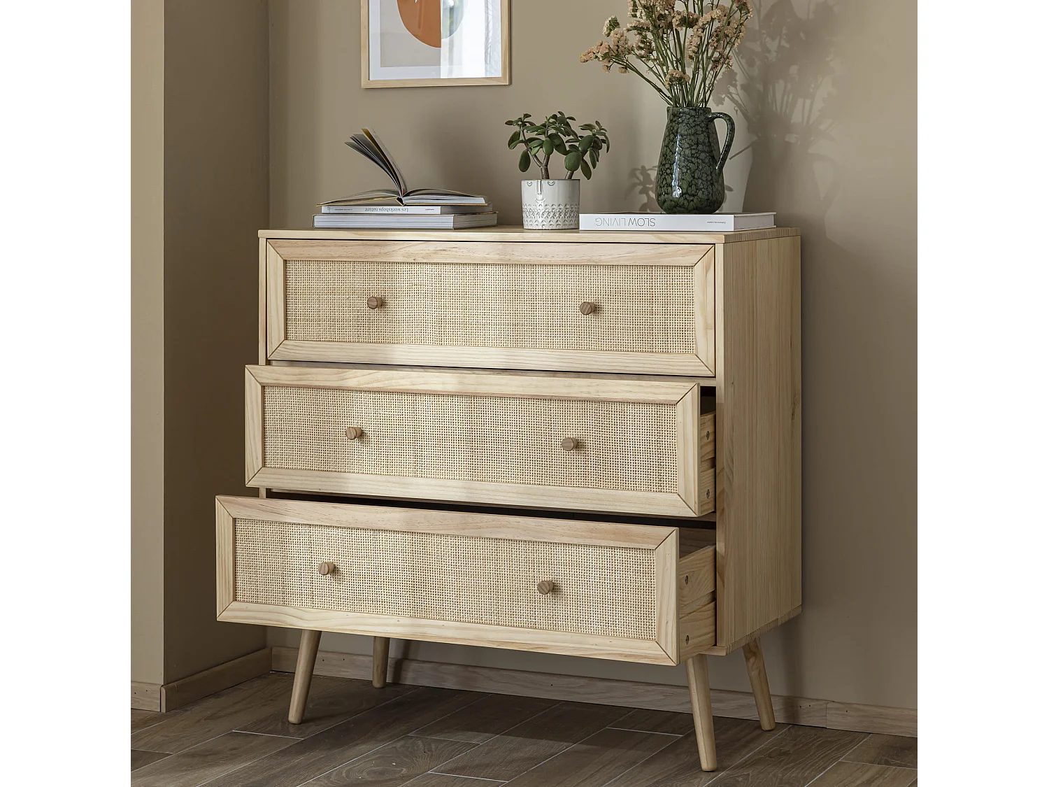 Commode cannage avec 3 tiroirs bois naturel ANNA - ANNA