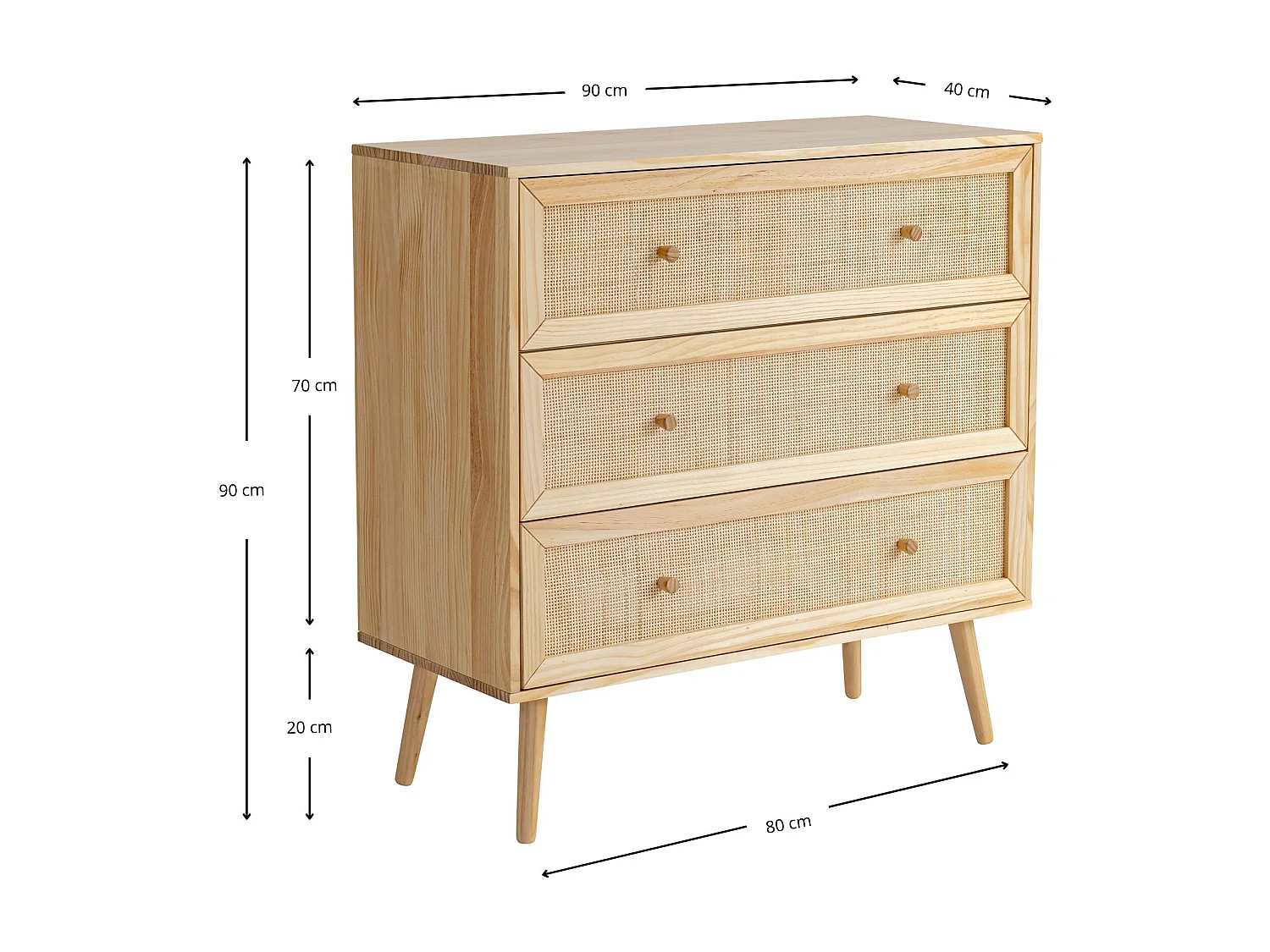 Commode cannage avec 3 tiroirs bois naturel ANNA - ANNA