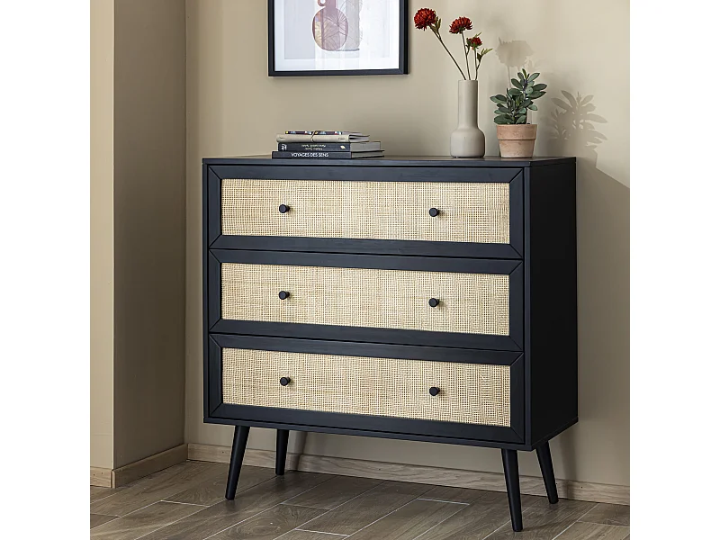 Commode cannage avec 3 tiroirs noir ANNA - ANNA
