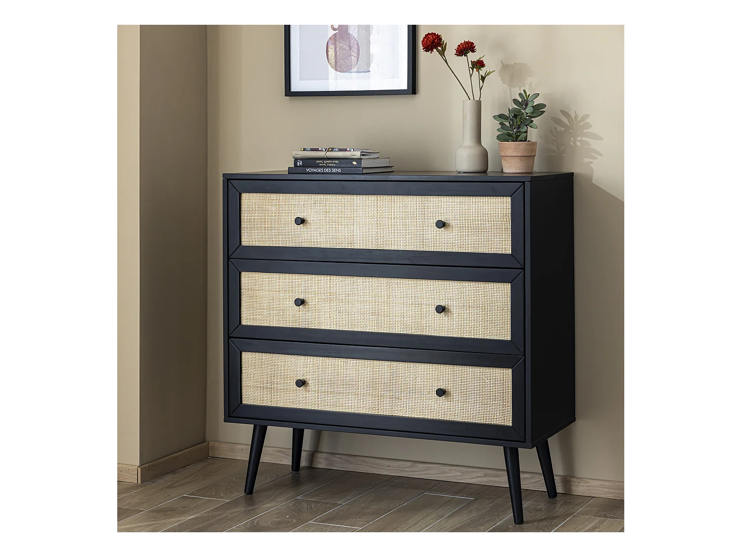 Commode cannage avec 3 tiroirs noir ANNA - ANNA