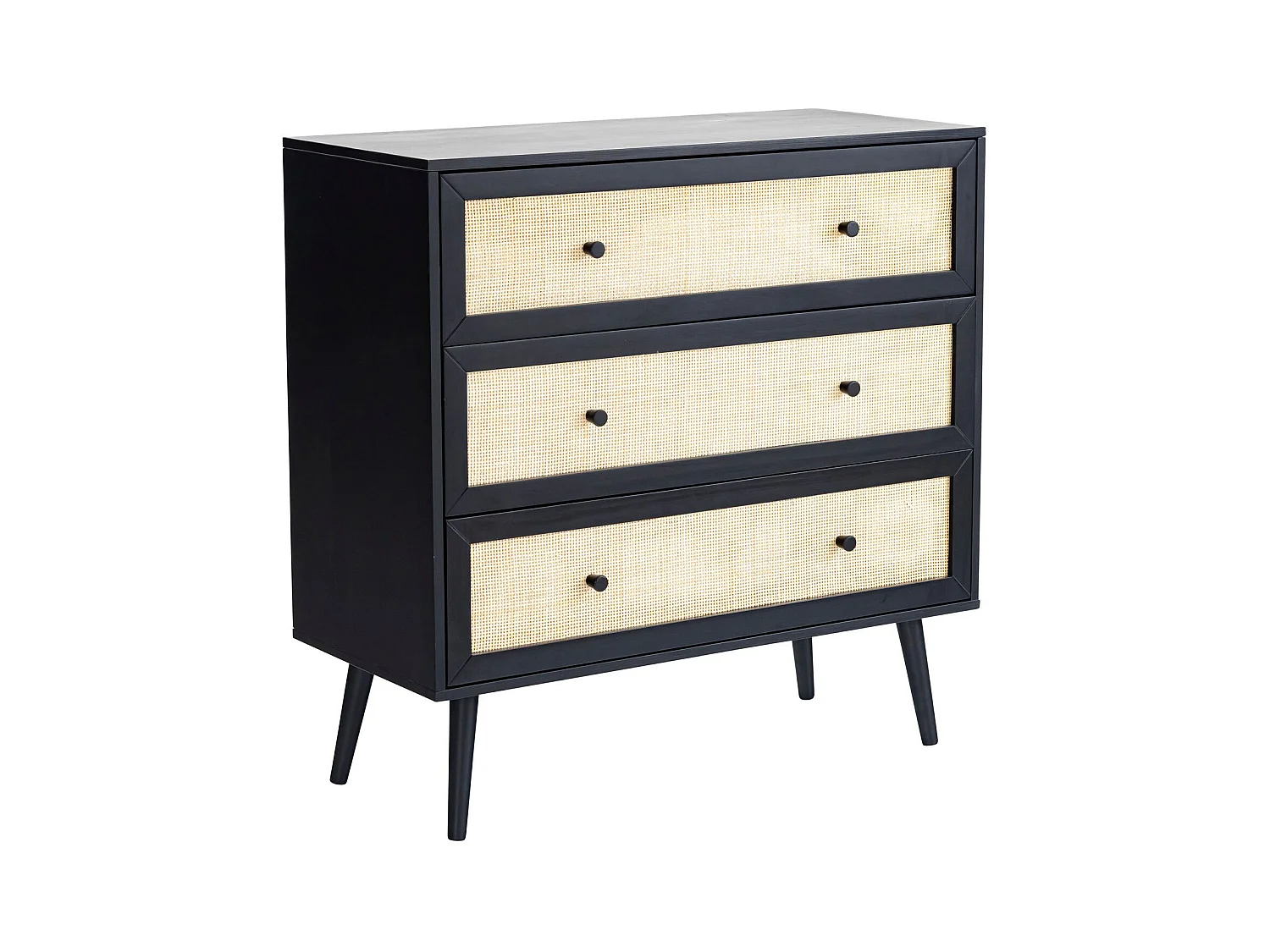 Commode cannage avec 3 tiroirs noir ANNA - ANNA