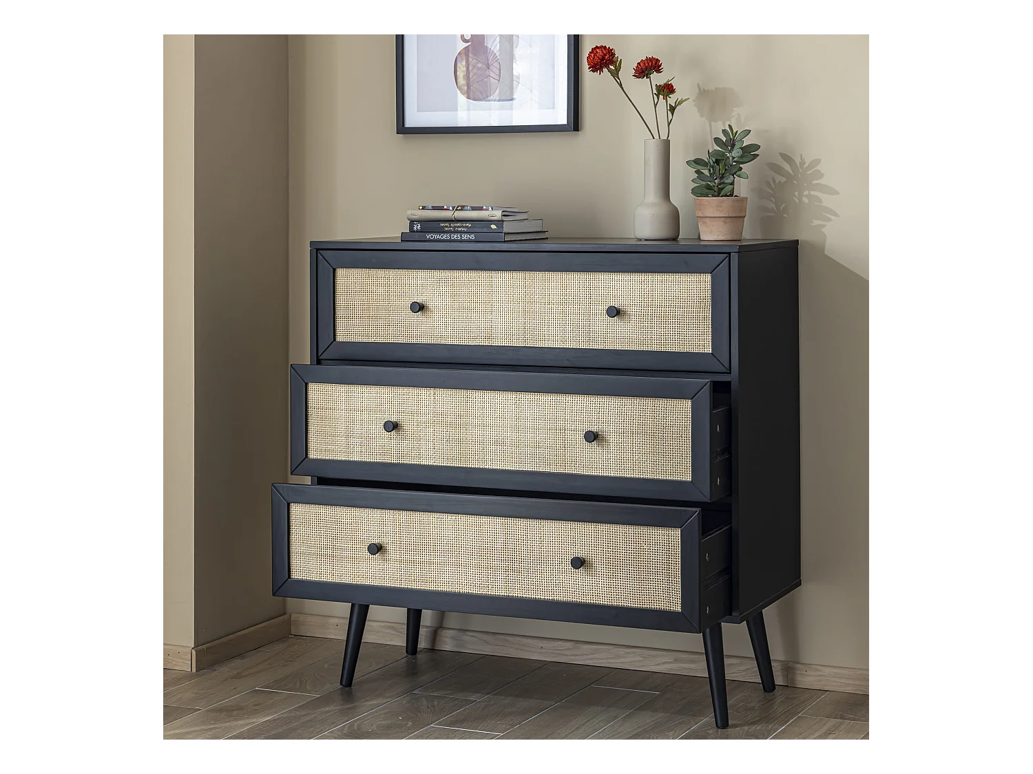 Commode cannage avec 3 tiroirs noir ANNA - ANNA