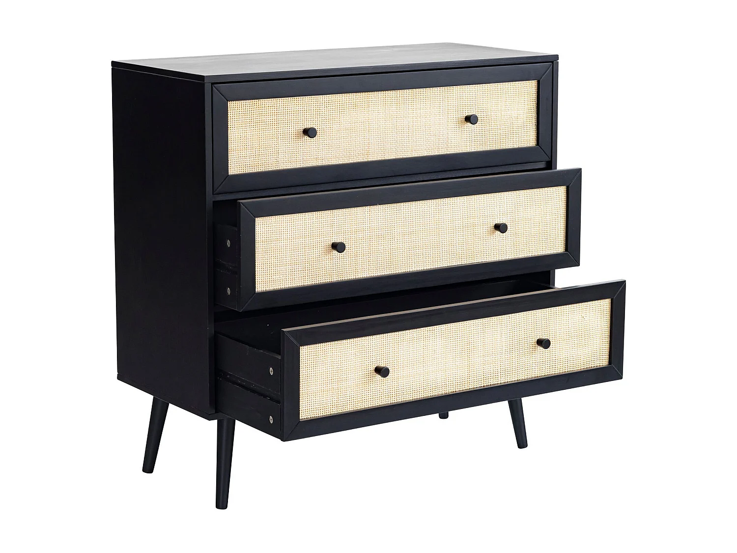 Commode cannage avec 3 tiroirs noir ANNA - ANNA