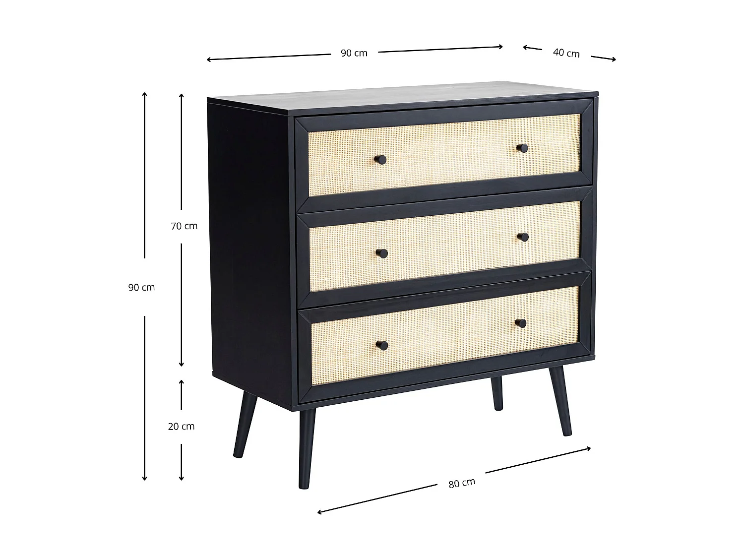 Commode cannage avec 3 tiroirs noir ANNA - ANNA