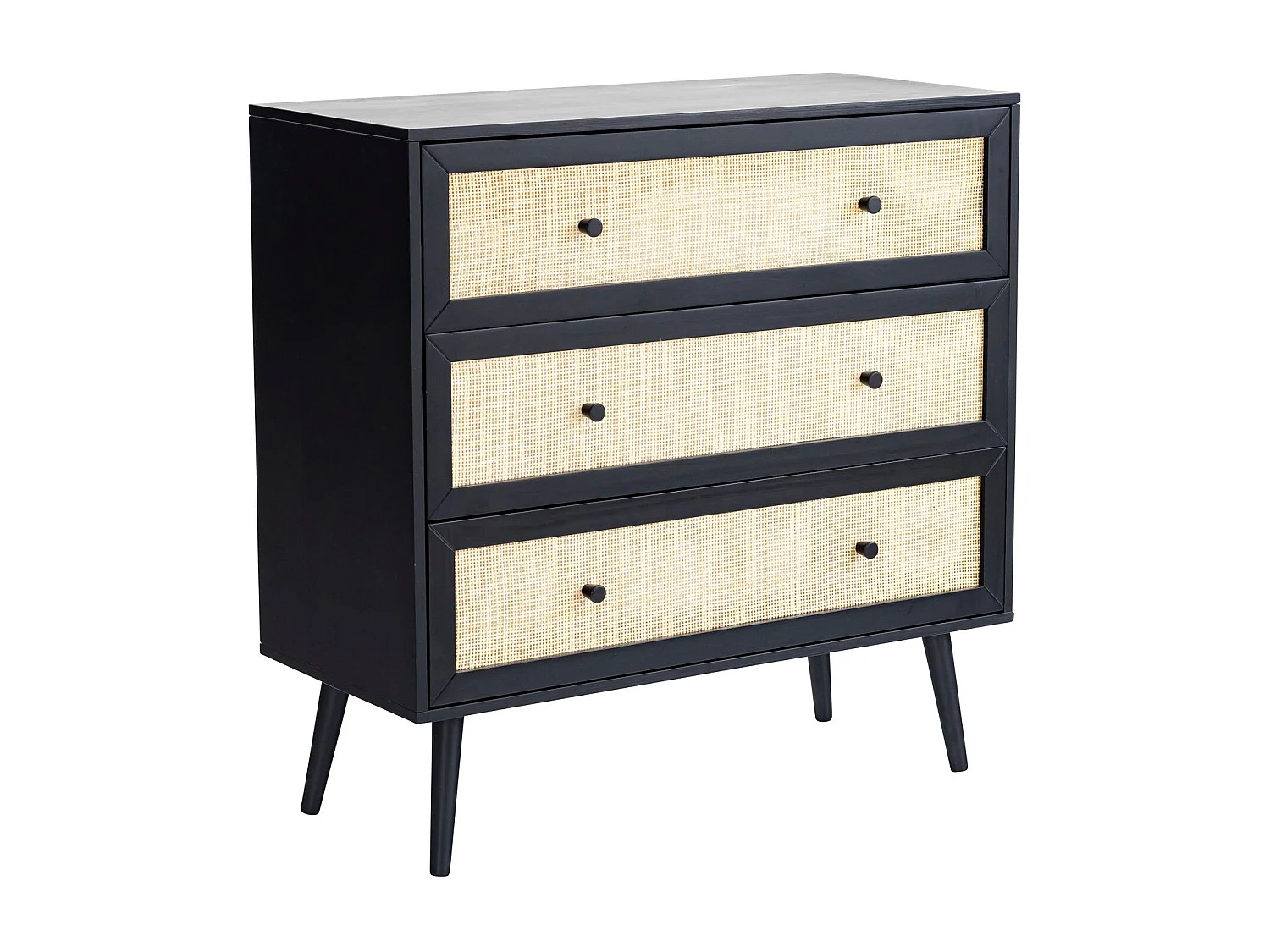 Commode cannage avec 3 tiroirs noir ANNA - ANNA