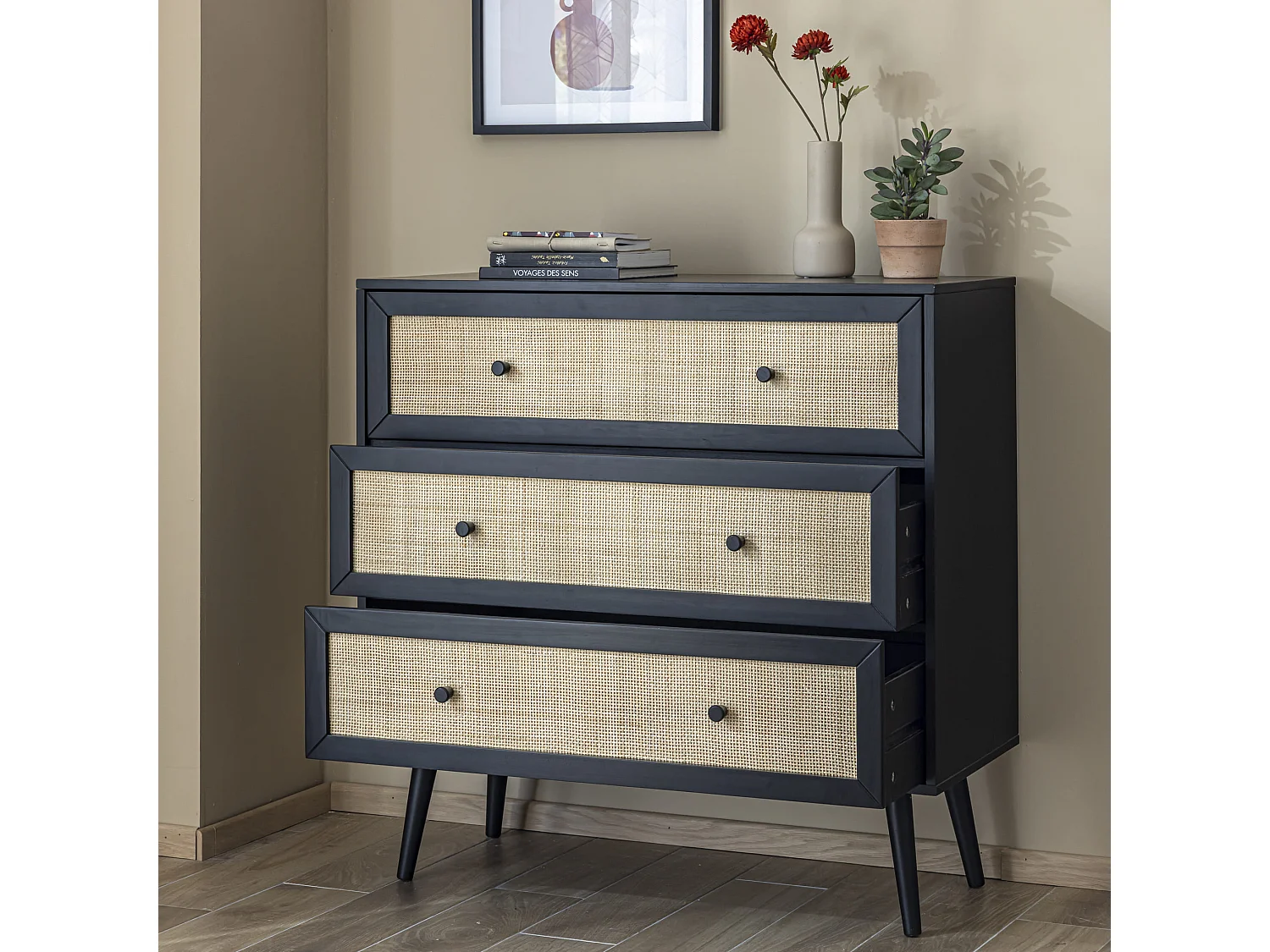 Commode cannage avec 3 tiroirs noir ANNA - ANNA