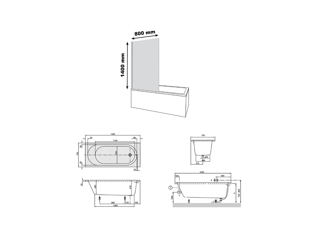 Baignoire droite 170x75 cm blanc VILLEROY & BOCH O.Novo + Mampara de baño AURYS Raywall