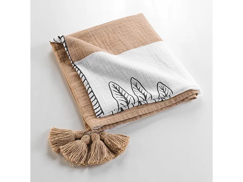 Plaid Imprimé en Gaze de Coton "Oasia" 125x150cm Blanc & Camel
