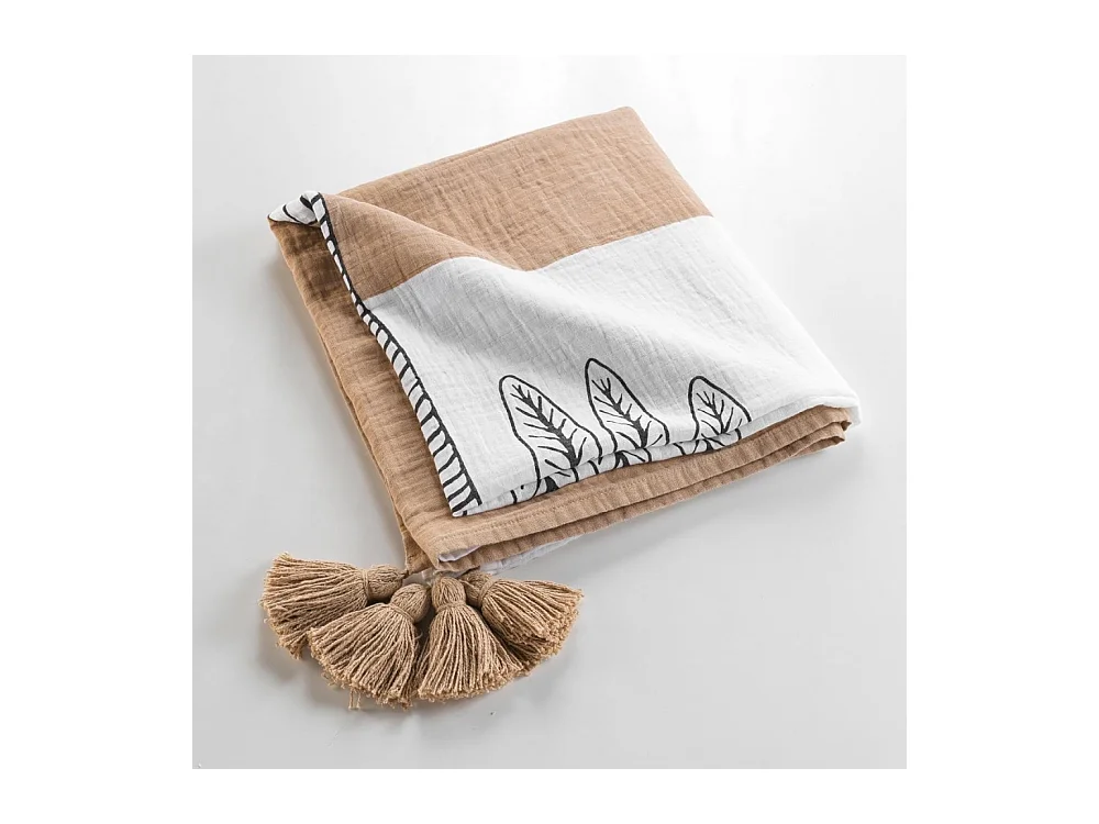 Plaid Imprimé en Gaze de Coton "Oasia" 125x150cm Blanc & Camel
