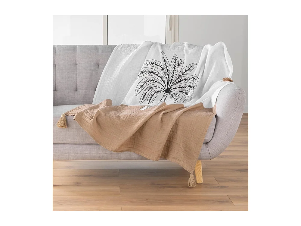 Plaid Imprimé en Gaze de Coton "Oasia" 125x150cm Blanc & Camel