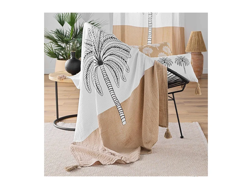 Plaid Imprimé en Gaze de Coton "Oasia" 125x150cm Blanc & Camel