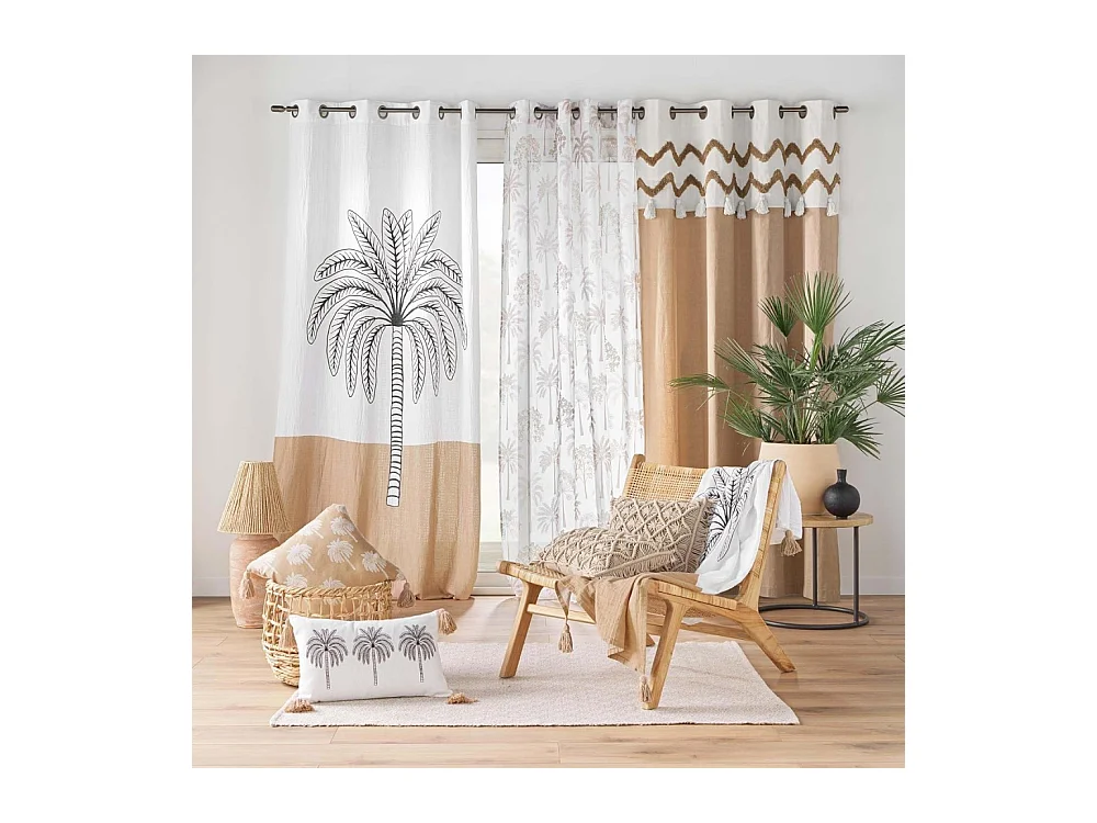 Plaid Imprimé en Gaze de Coton "Oasia" 125x150cm Blanc & Camel