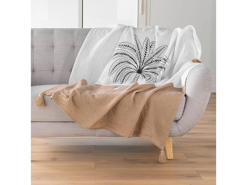 Plaid Imprimé en Gaze de Coton "Oasia" 125x150cm Blanc & Camel