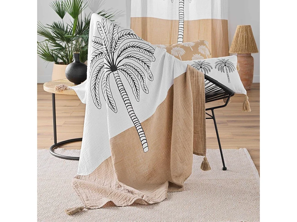 Plaid Imprimé en Gaze de Coton "Oasia" 125x150cm Blanc & Camel