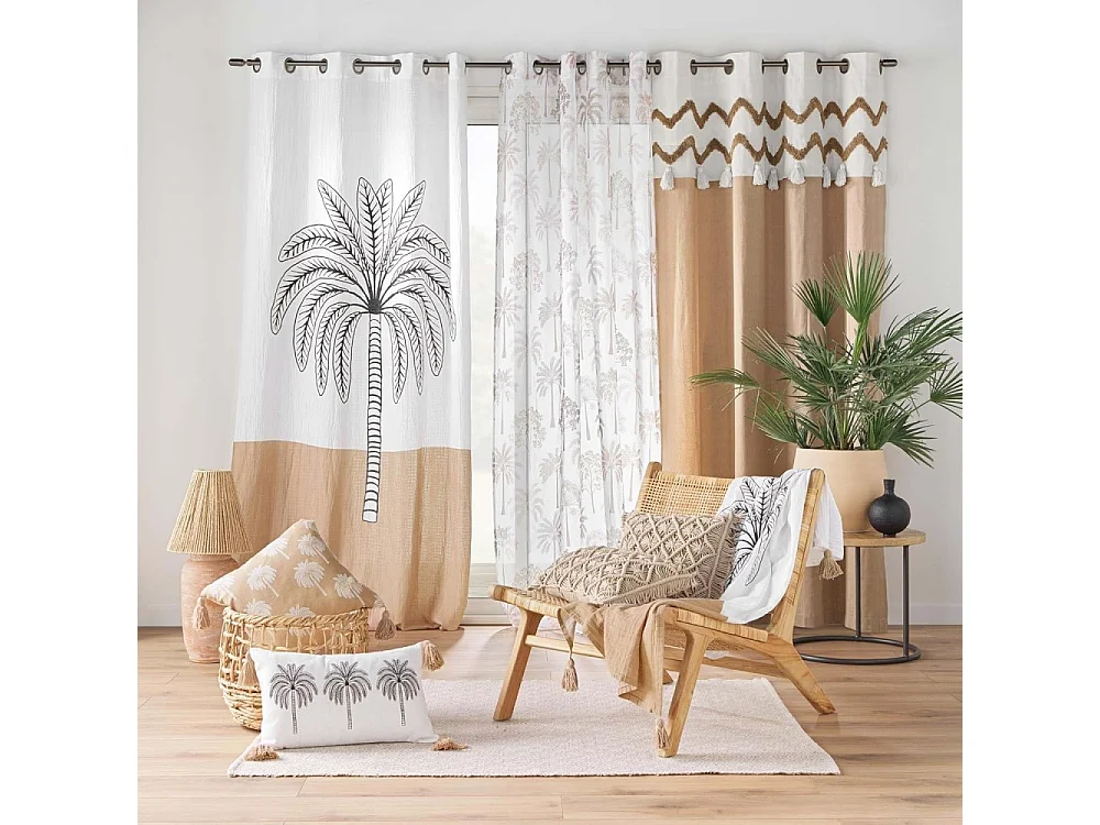 Plaid Imprimé en Gaze de Coton "Oasia" 125x150cm Blanc & Camel