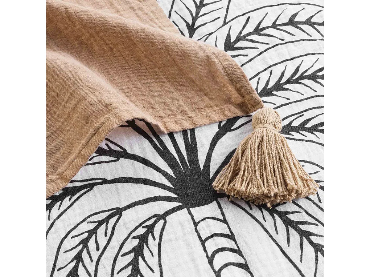 Plaid Imprimé en Gaze de Coton "Oasia" 125x150cm Blanc & Camel