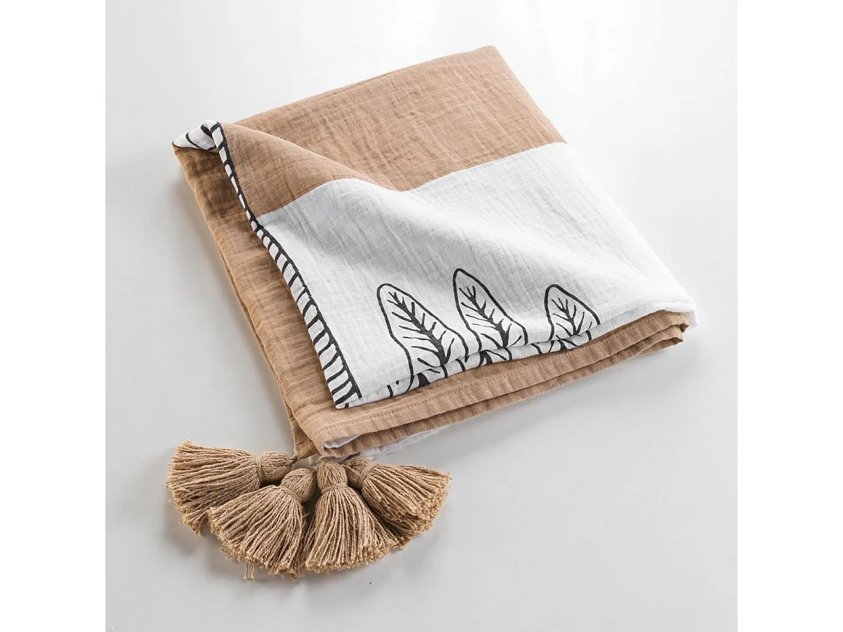 Plaid Imprimé en Gaze de Coton "Oasia" 125x150cm Blanc & Camel
