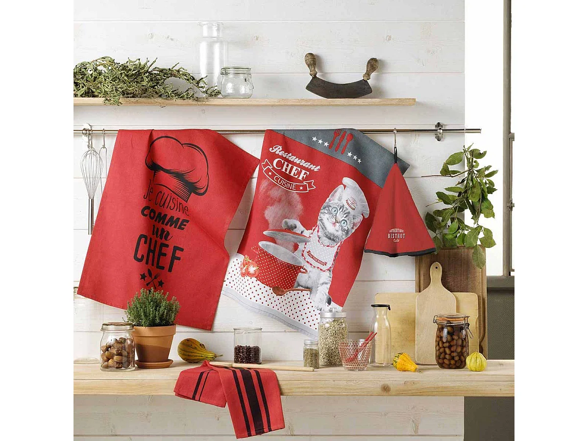 Torchon en Coton Tissé "Comptoir" 50x70cm Rouge