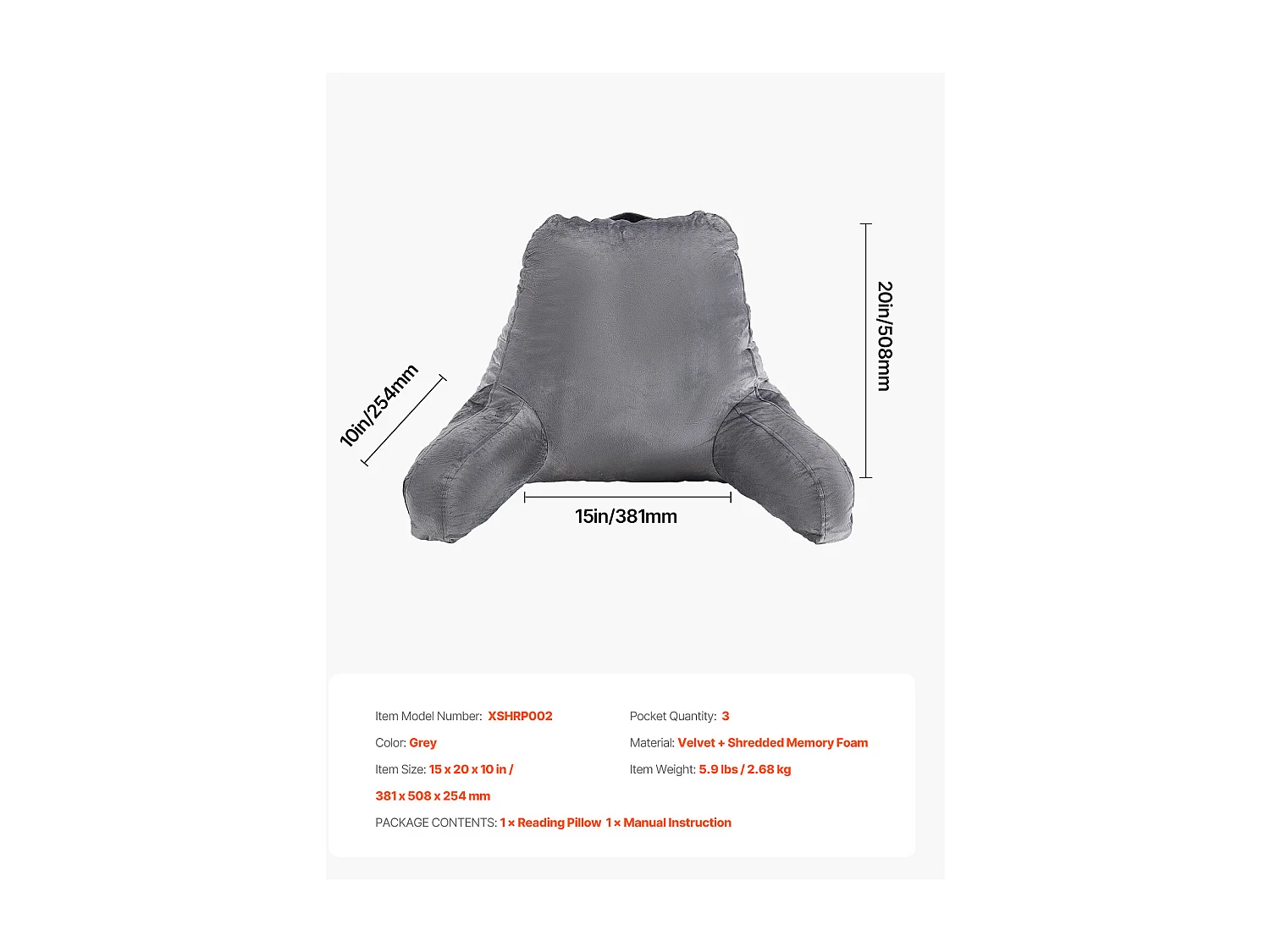 Travesseiro de Leitura SucceBuy em Espuma de Memória, Travesseiro de Apoio ,38.1 x 50.8 x 25.4 cm, com 3 Bolsos e Capa de Veludo Removível