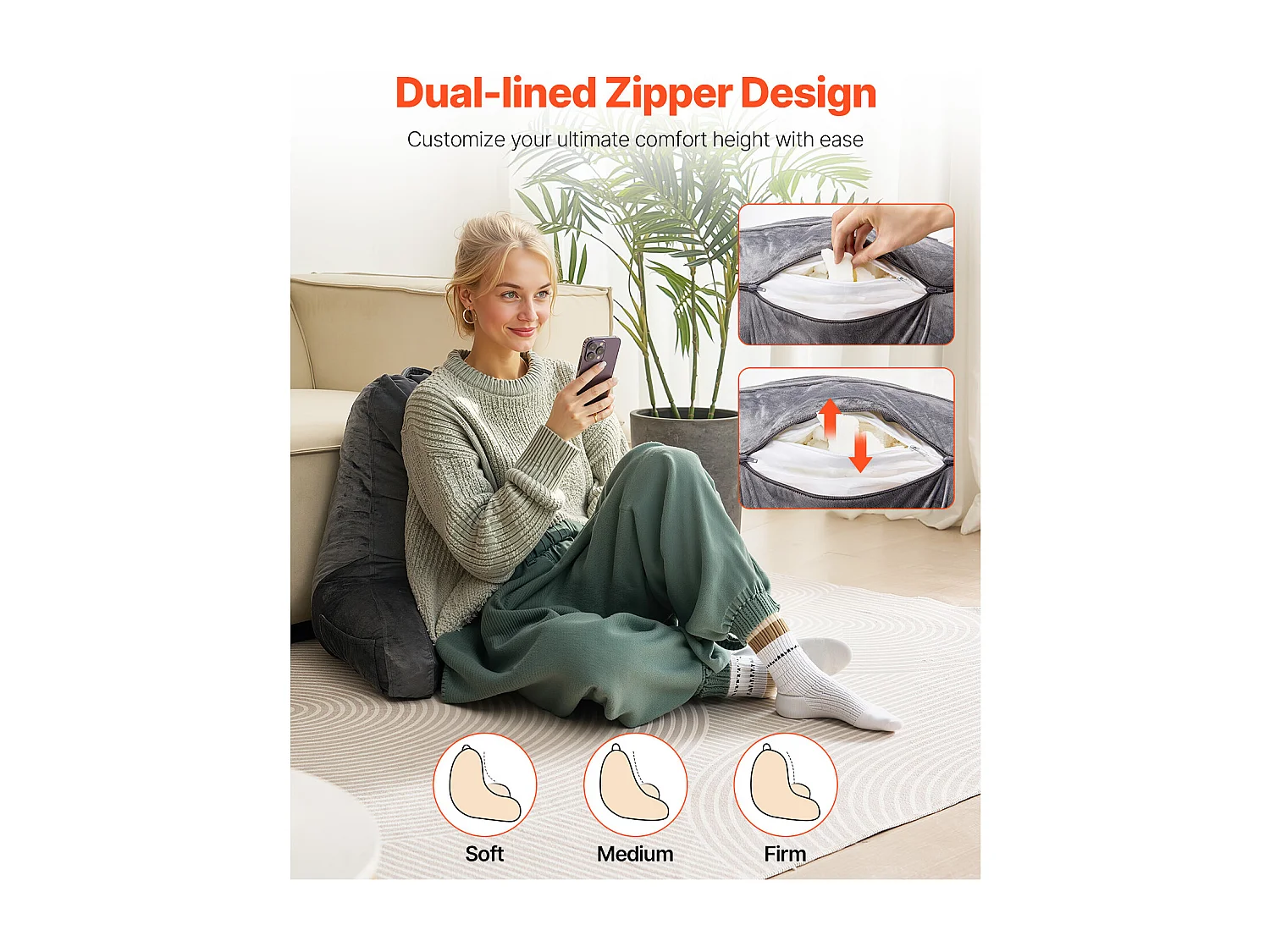 Travesseiro de Leitura SucceBuy em Espuma de Memória, Travesseiro de Apoio ,38.1 x 50.8 x 25.4 cm, com 3 Bolsos e Capa de Veludo Removível