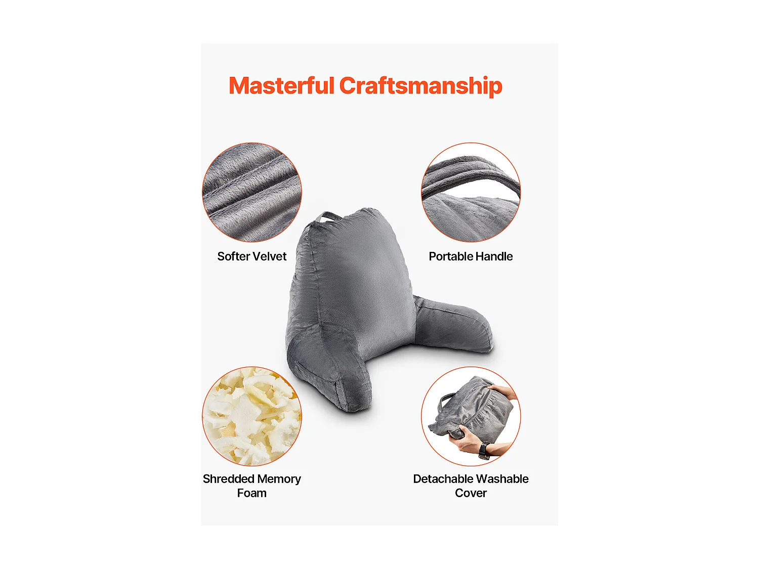 Travesseiro de Leitura SucceBuy em Espuma de Memória, Travesseiro de Apoio ,38.1 x 50.8 x 25.4 cm, com 3 Bolsos e Capa de Veludo Removível