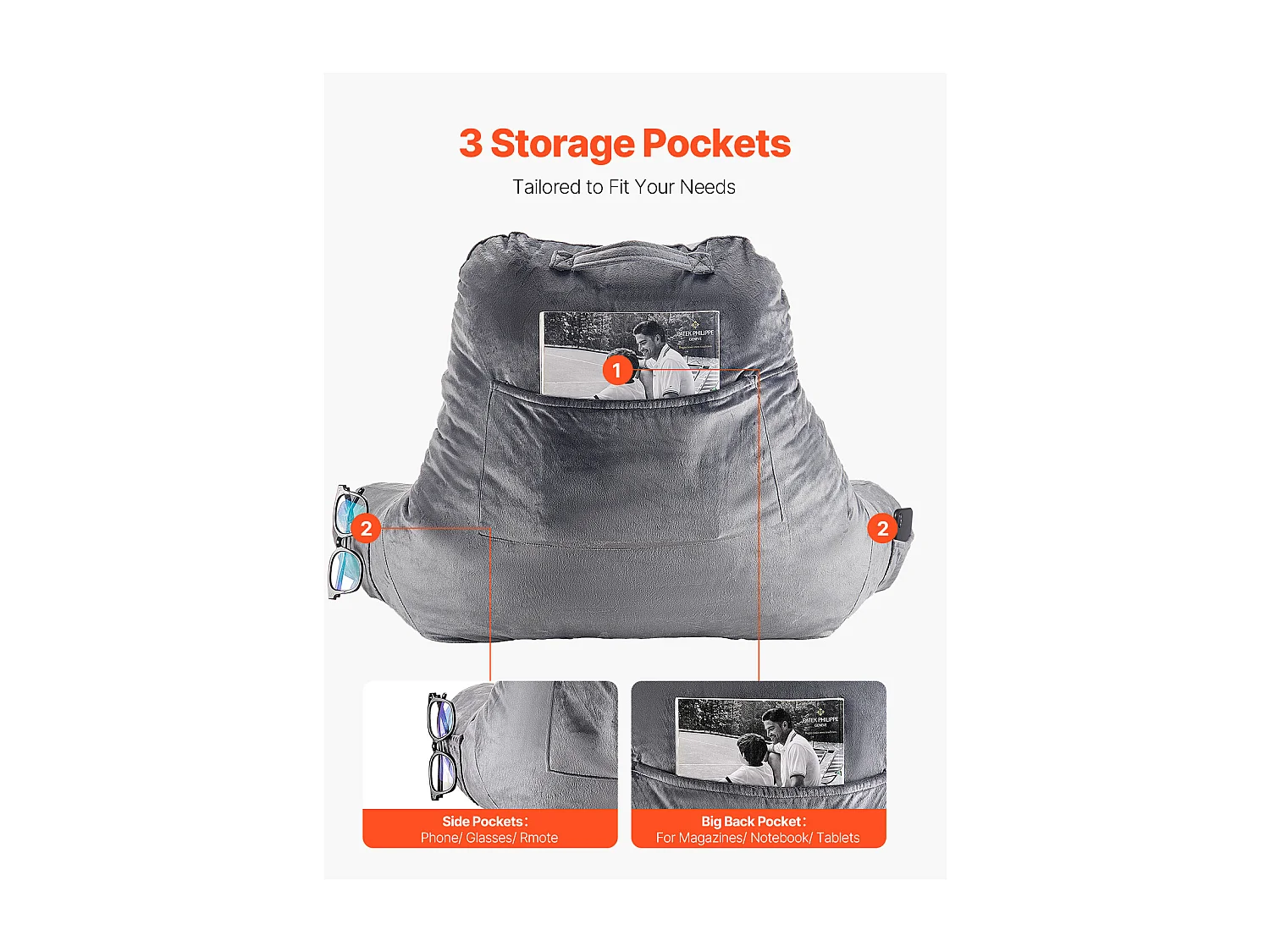 Travesseiro de Leitura SucceBuy em Espuma de Memória, Travesseiro de Apoio ,38.1 x 50.8 x 25.4 cm, com 3 Bolsos e Capa de Veludo Removível